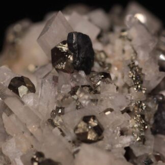 Bournonite sur quartz, dolomite et pyrite, Saint-Pierre-de-Mésage, Isère.